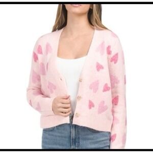 Cupcakes & Cashmere Pastel Pink Heart Valentine Varsity Knit Cardigan Sweater SM